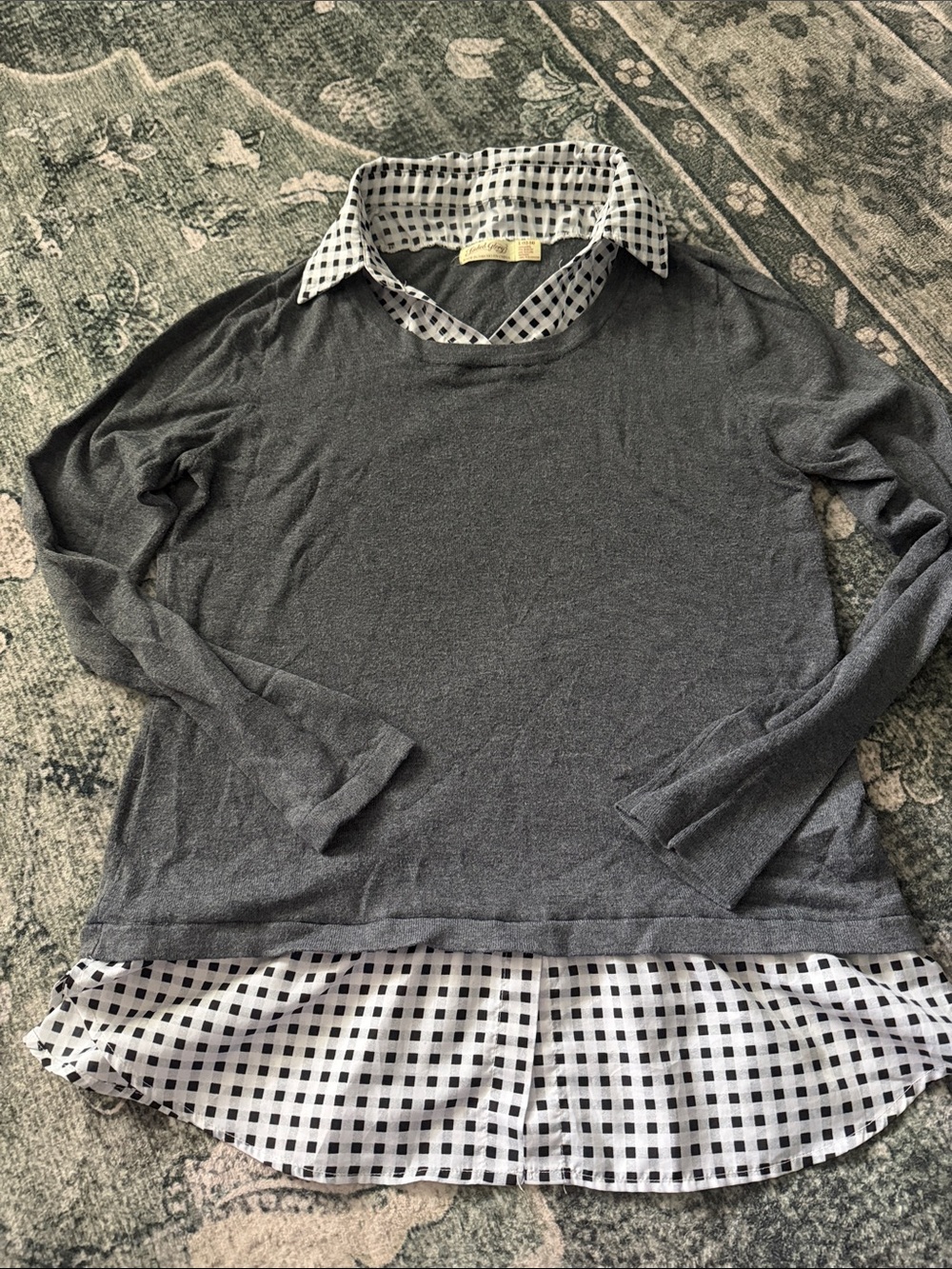 Faded Glory Charcoal Gray Layered Sweater with Black & White Checkered Collar